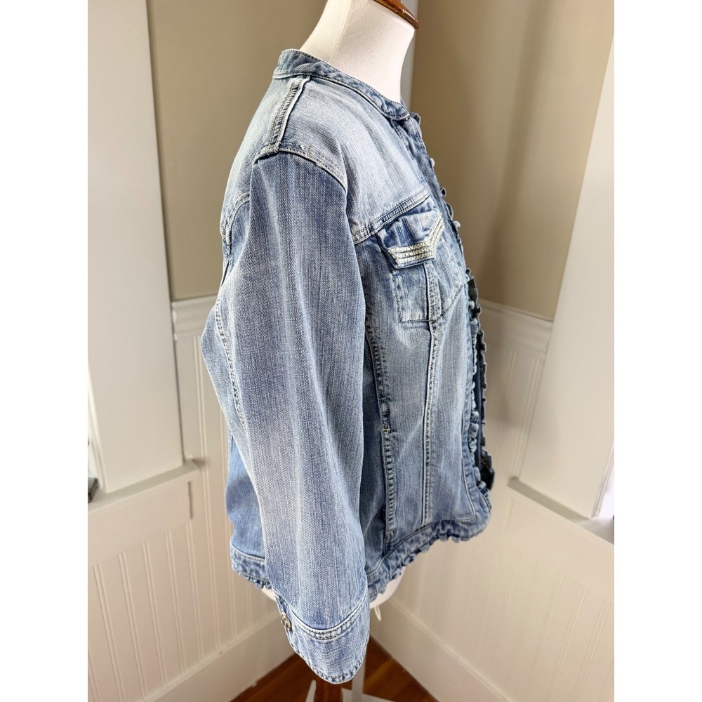 Chico's Platinum Ruffle Denim Jacket Rhinestone Light Wash Size 2 Large - Picture 11 of 16